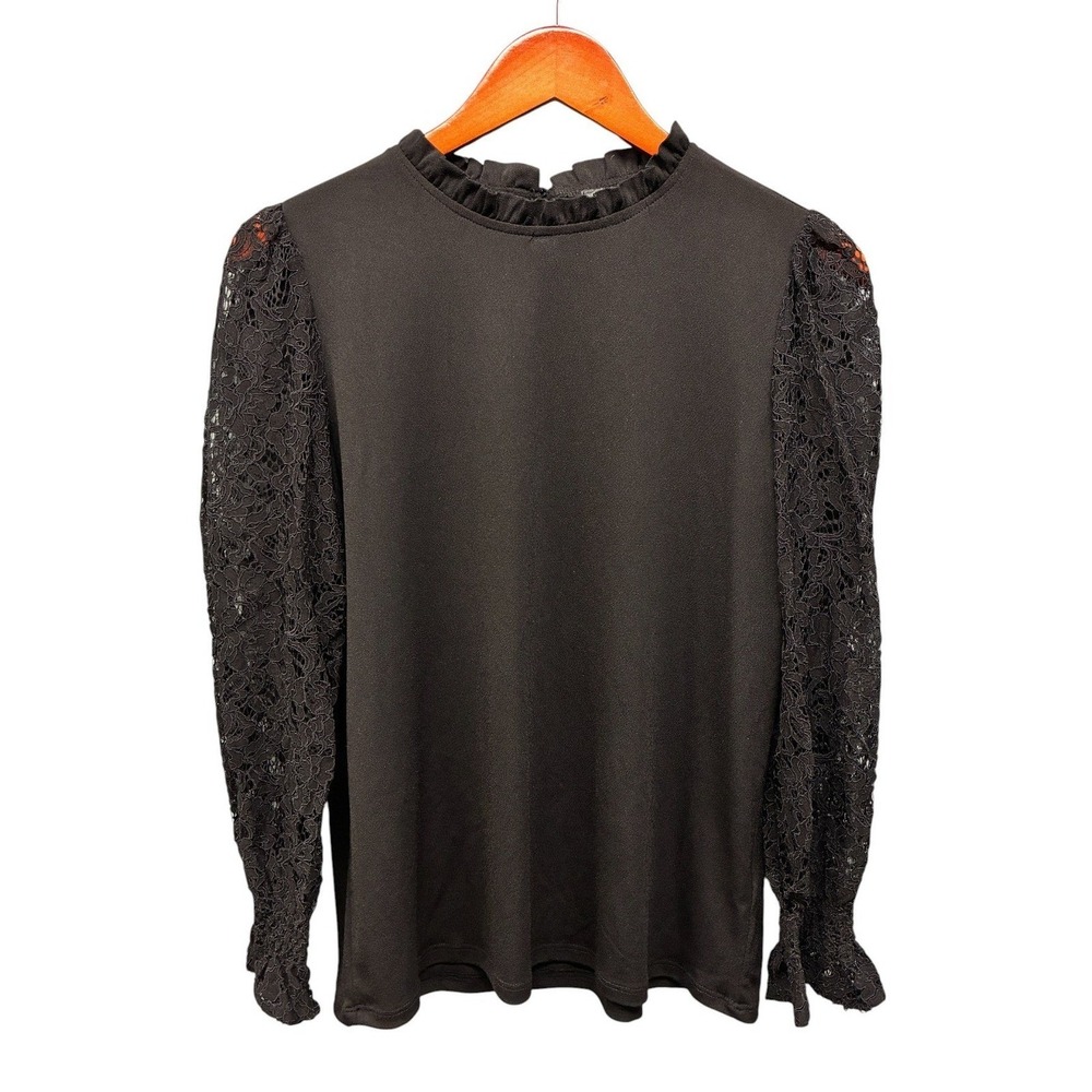 Adrianna Papell Ruffle Neck Lace Sleeve Blouse Women's S Black Elegant Top NWT